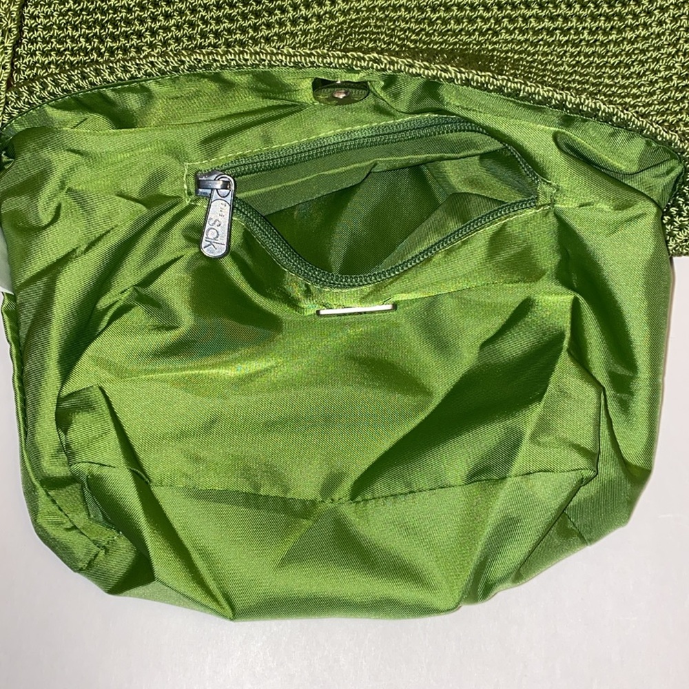 THE SAK Crocheted Silver-Tone Branded Zipper Purse Shoulder Bag Green VGUC - Picture 11 of 17